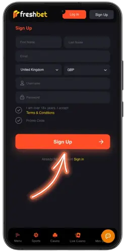 Freshbet registration form with email, password and GBP currency fields.