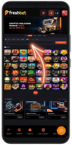 Freshbet games lobby with category tabs and deposit limit settings.