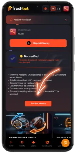 Freshbet KYC verification page for uploading identity documents.